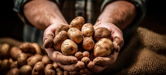 AI generated illustration of a farmer holding a pile of potatoes with earth in his hands