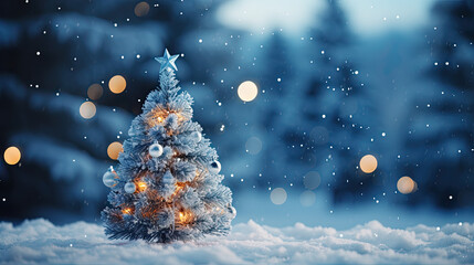 Christmas tree without decorations outdoor in park with bokeh, Christmas blue festive background