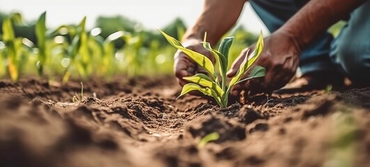 AI generated illustration of a farmer planting young maize plants in the ground