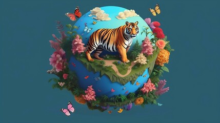 AI generated tiger standing on sphere with blooming flowers