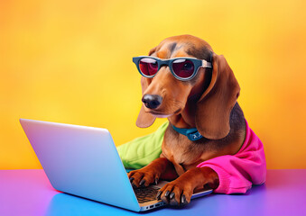 Dachshund dog  is working on a laptop