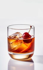 AI generated illustration of an old-fashioned cocktail with cherry and ice on a white background