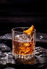 AI generated illustration of an old-fashioned cocktail with orange and ice on a dark background