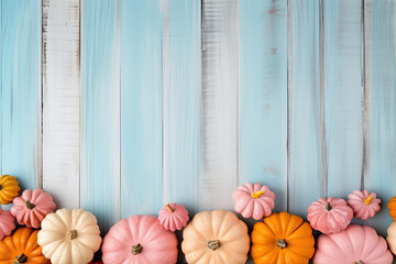 Pumpkins on the wood background, trendy pastel colours