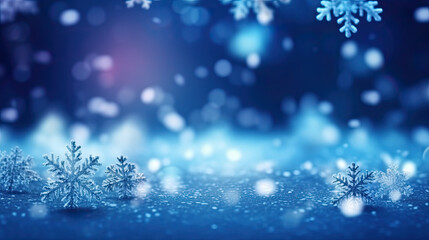 Fototapeta na wymiar Snow winter bokeh glow blue background for Christmas wallpaper