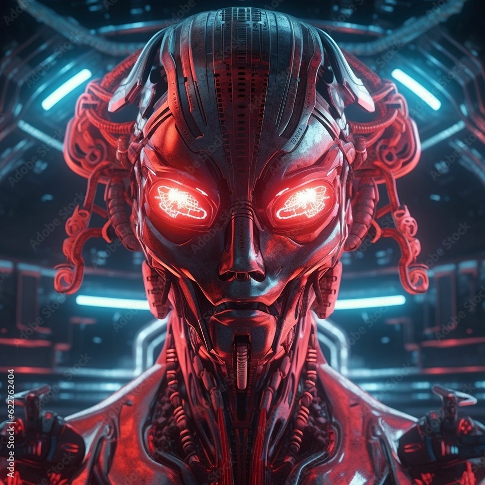 Poster ai generated robotic figure with illuminated eyes in futuristic environment