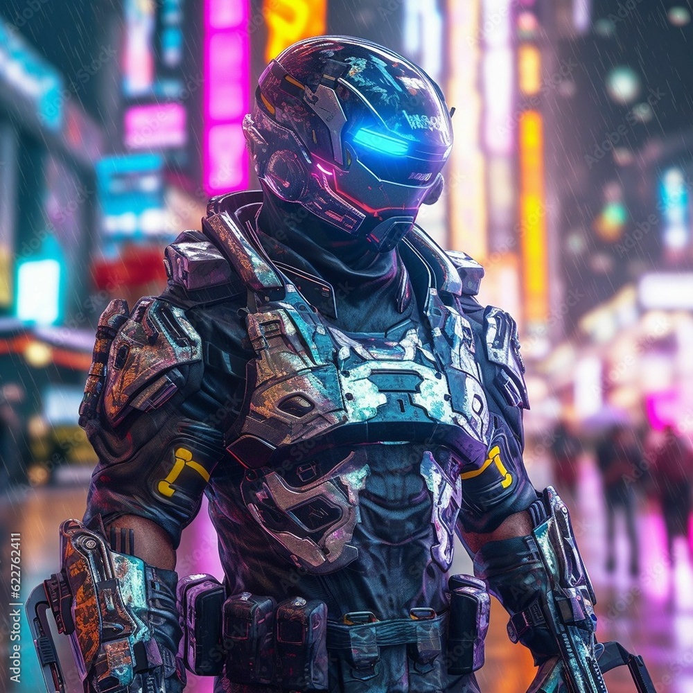 Poster ai generated robotic figure with illuminated eyes in futuristic environment