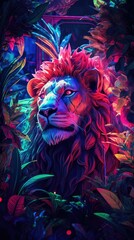 AI generated illustration of a vibrant image of a lion in a lush jungle environment