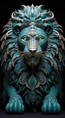 AI generated illustration of a majestic, turquoise lion statue