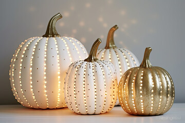 White pumpkins with fairy lights on a table