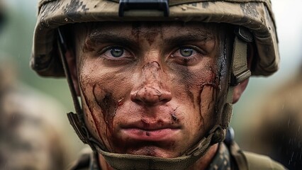 Obraz premium AI generated illustration of a portrait of a soldier in camouflage clothing