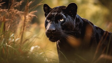 AI-generated illustration of a black panther seen walking among dry, tall grass