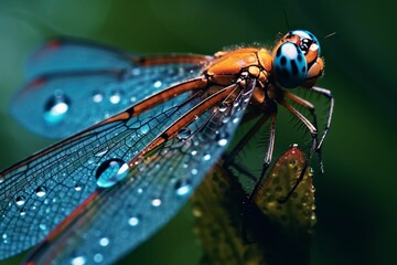 Fototapeta na wymiar AI generated illustration of a macro of a dragonfly perched on a green leaf