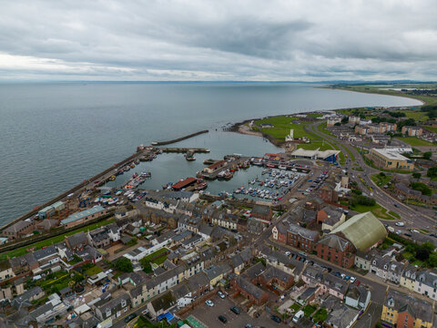 Aerial drone photo of the harbour and town of Arbroath in Scotland