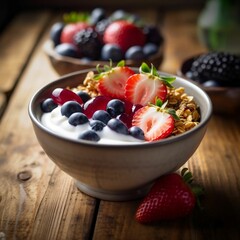A white ceramic bowl filled with a mixture of plain yogurt and fresh seasonal berries, AI generated