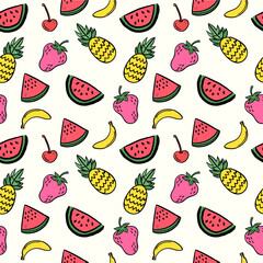 Colored summer tropical fruits pattern with hand drawn fruits vector illustration