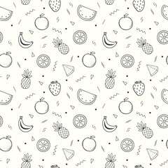 Hand drawn summer fruits pattern with tropical fruits and geometric shapes
