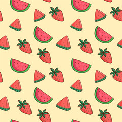 Seamless summer fruits pattern with watermelons and strawberries