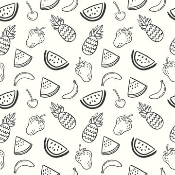 Hand drawn summer fruits pattern with watermelon strawberry and pineapple