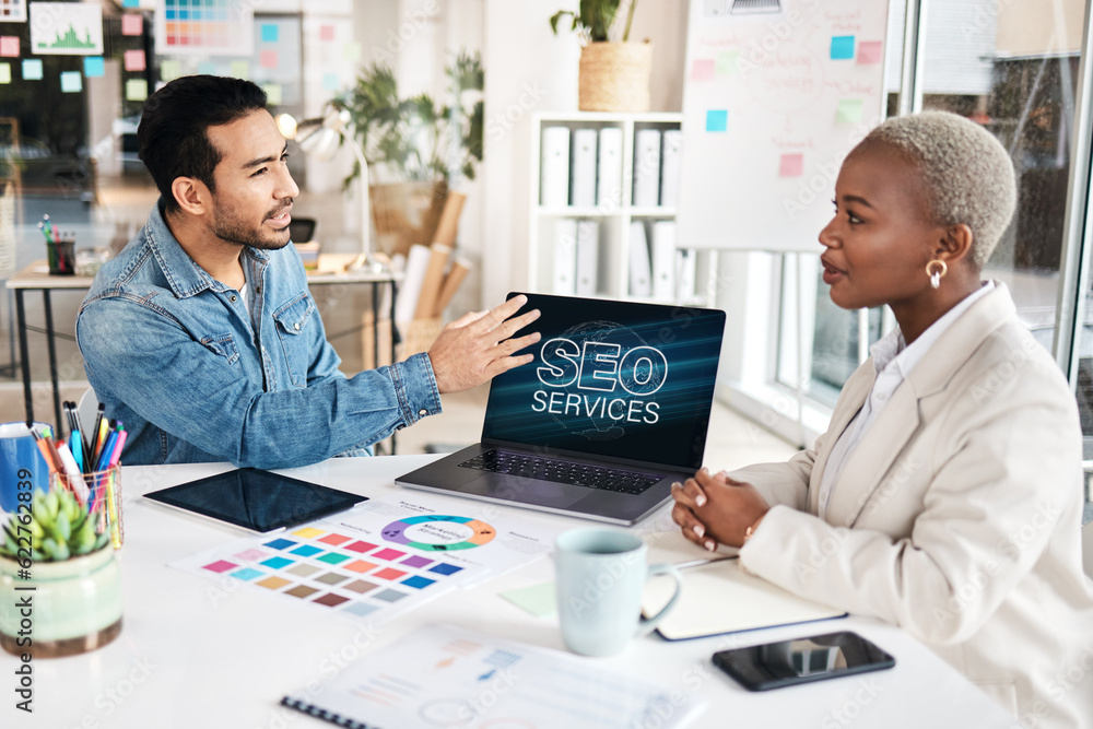 Poster business presentation, seo training and communication with marketing and analytics of worker. worksh