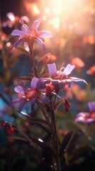 AI generated illustration of a selection of beautiful flowers illuminated by a bright sunbeam