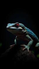 Obraz premium AI generated illustration of an exotic lizard with its luminous blue eyes against a dark background
