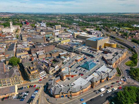Aerial drone photo of the town centre of Barnsley, England