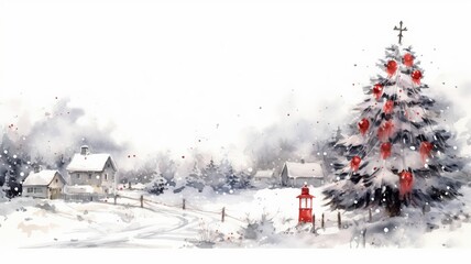 Fototapeta na wymiar AI generated illustration of a vibrant watercolor painting of a winter landscape in a village