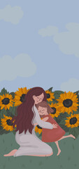 Hugs from mother and daughter. Vector illustration. Field with sunflowers. Blue sky with clouds. Mom in a linen dress with brown hair. Daughter in a pink dress. Love, hugs, family. Mother's Day. Post