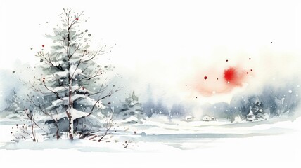 AI generated illustration of a watercolor painting of a tranquil winter landscape with trees