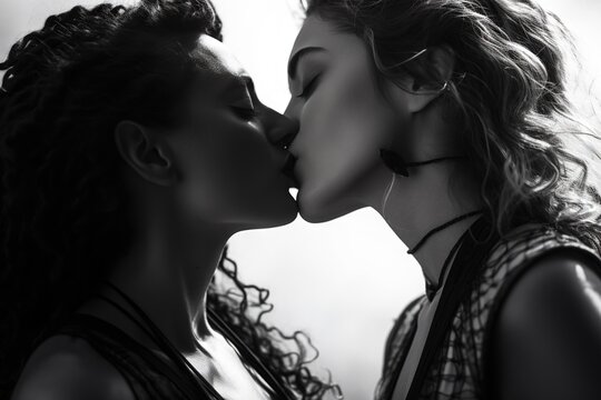 two women kissing each other on a white background