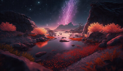 Dark alien landscape with red plants and glowing purple water