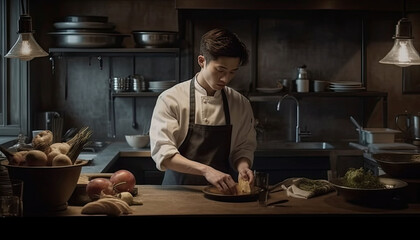 Fototapeta na wymiar a handsome korean chef preparing food in a kitchen