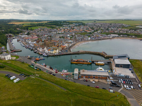 Aerial drone photo of the harbour in Eyemouth Scotland