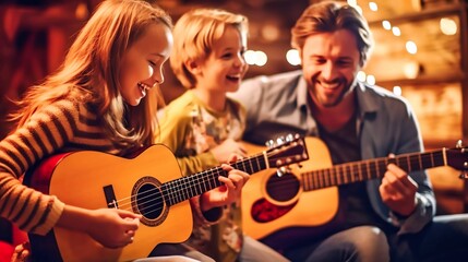 AI generated illustration of a cheerful family of four sitting together playing an acoustic guitar