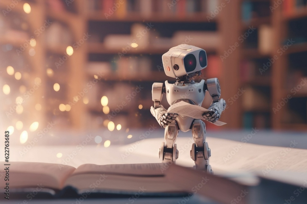 Poster ai generated illustration of a robot on top of a stack of books in a library