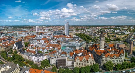 The drone aerial view of Leipzig, Germany.  Leipzig is the largest city in the German federal state...