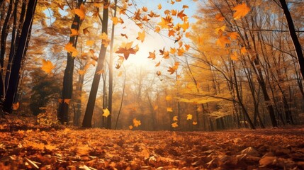 Fototapeta na wymiar Beautiful autumn landscape with falling leaves in the forest. Golden autumn. Generative AI.