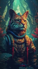 AI generated illustration of a wild feline animal wearing a traveler suit looking curious