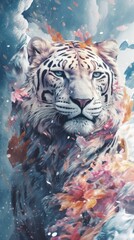 AI generated illustration of a majestic tiger stands in the snow, surrounded by autumn leaves