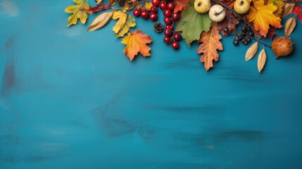 
Autumn leaves and berries on blue wooden background. Top view with copy space. Generative AI.
