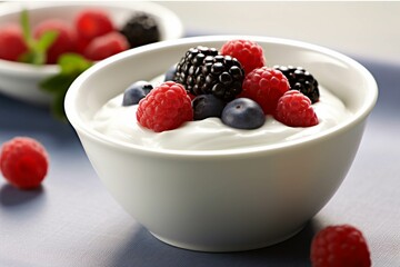 Yogurt with fresh berries in a glass bowl on wooden table