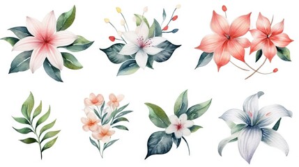 Fototapeta na wymiar AI generated illustration of a vibrant display of an assorted selection of watercolor flowers