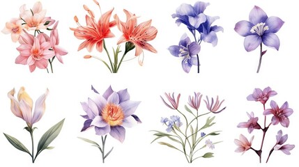 AI generated illustration of assorted flowers painted in a watercolor style on a white background