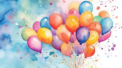 AI generated illustration of an artistic watercolor painting of colorful balloons