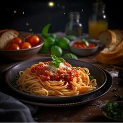 Spaghetti Bolognese with tomato sauce and basil leaf