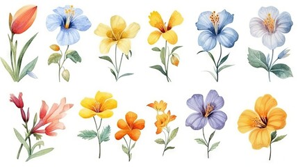 AI generated illustration of a vibrant watercolor painting featuring a set of different flowers