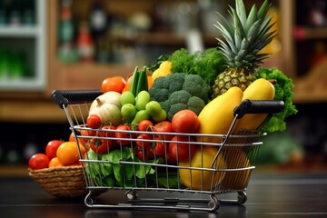 Shopping cart full of fruits and vegetables in supermarket. Shallow depth of field