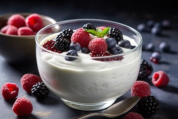 Yogurt with fresh berries in a glass bowl on wooden table