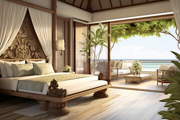 Exotic beach hotel room interior.